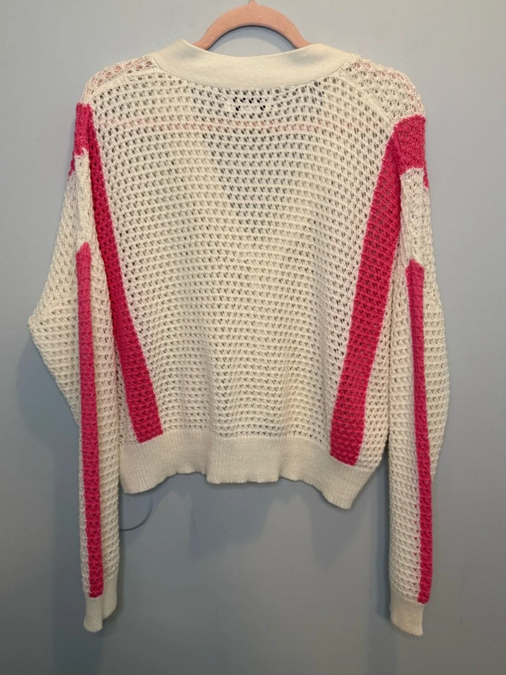 Anthropologie Charlie Holiday Cream Open Knit Cardigan with Bright Pink Stripes - Picture 2 of 6